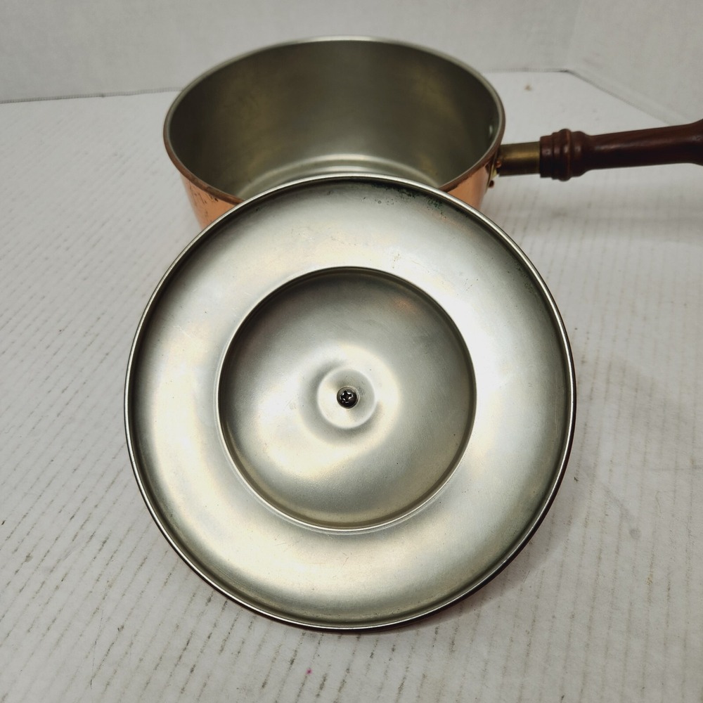 BONGUSTO Copper Sauce Pan/Pot Lid ITALY 7" Dia Covered Cooking TinLined VTG Wood - Picture 4 of 16